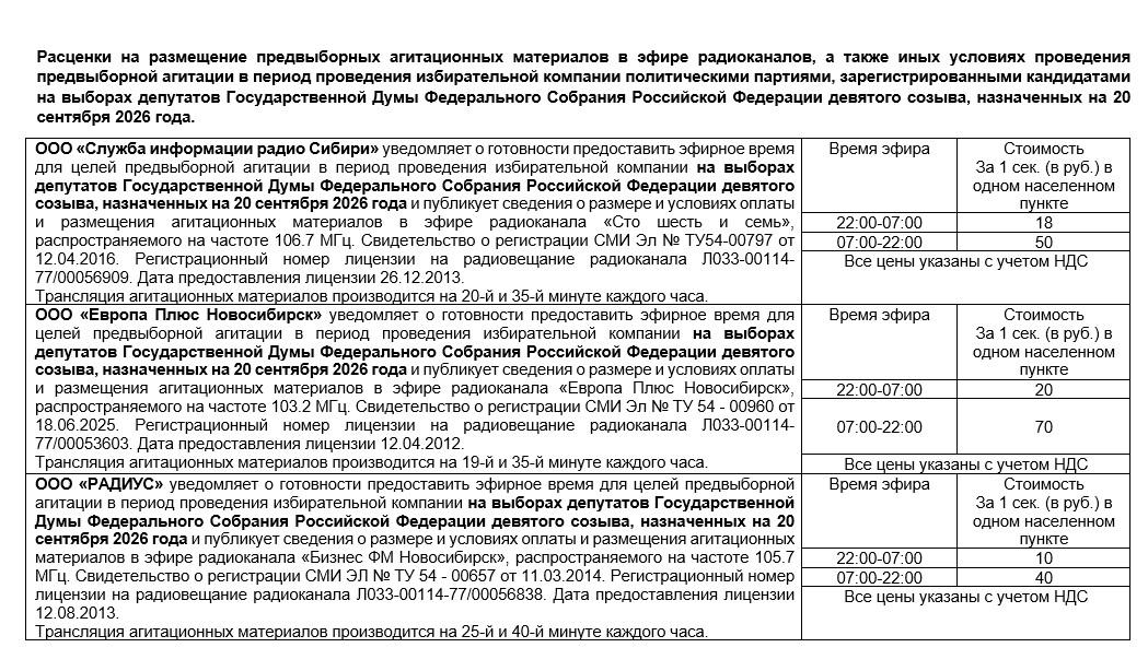 Фото Расценки на размещение предвыборной агитации на радио к выборам в Госдуму–2026 2 - Сиб.ФМ Фото Расценки на размещение предвыборной агитации на радио к выборам в Госдуму–2026 2
